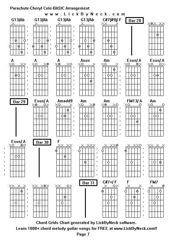 Chord Grids Chart of chord melody fingerstyle guitar song-Parachute-Cheryl Cole-BASIC Arrangement,generated by LickByNeck software.